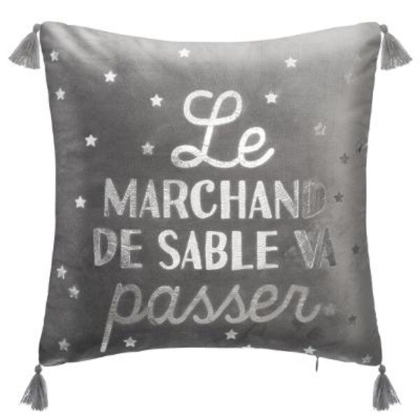 Coussin texte argent  4 pompoms  - ATM