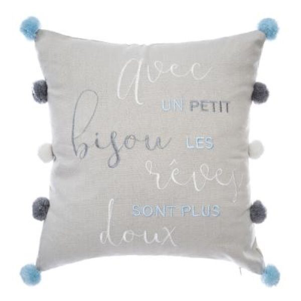 Coussin brode gris 10 pompoms - ATM