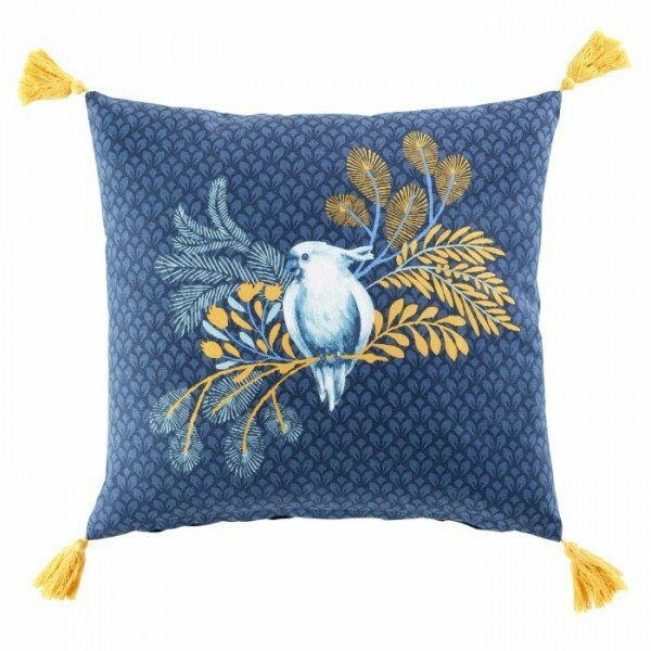 Coussin déhous. compresse pompons 45x45 cm coton imp blue coco DES PLACE - D INT