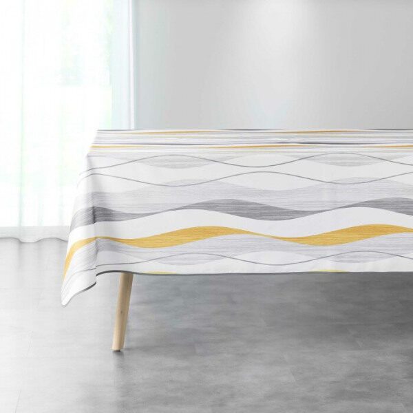 Nappe de table rect 150x240 cm polyester imp blanc / jaune ONDULYS - D INT